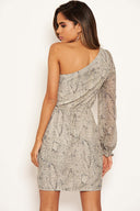 Cream Snake Print One Shoulder Dress With Side Ruched Detail