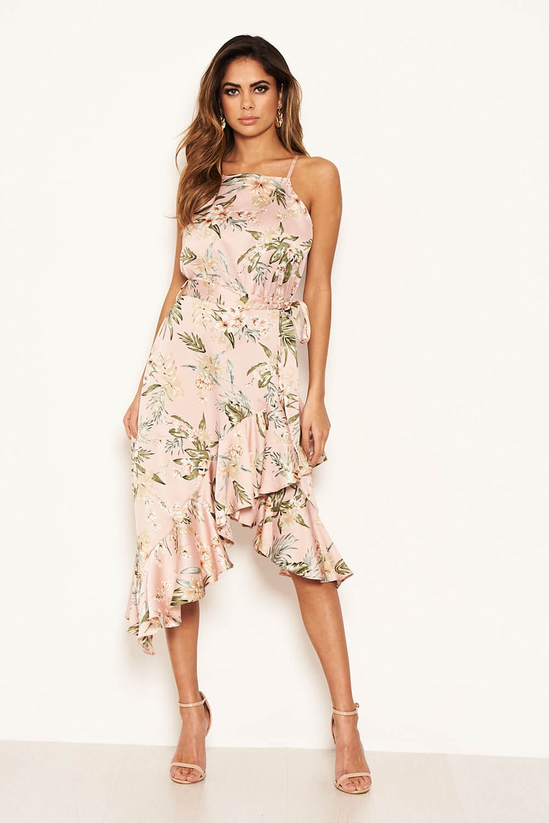 Pink Floral Frill Open Back Dress