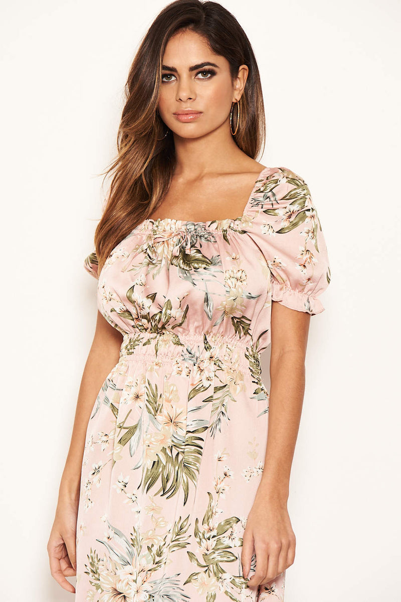 Pink Floral Milkmaid Puff Sleeve Dress