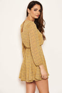 Yellow Printed Long Sheer Sleeve Dress