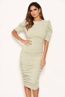 Sage Ruched Short Puff Sleeve Midi Dress