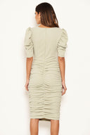 Sage Ruched Short Puff Sleeve Midi Dress