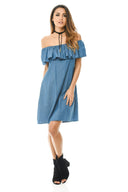 Blue Denim Dress Off Shoulder Frill Feature