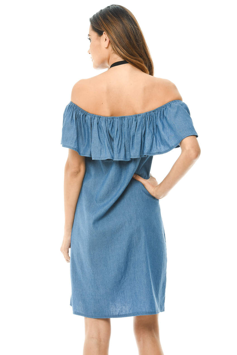 Blue Denim Dress Off Shoulder Frill Feature – AX Paris Blue Denim Dress Off Shoulder Frill Feature – AX Paris
