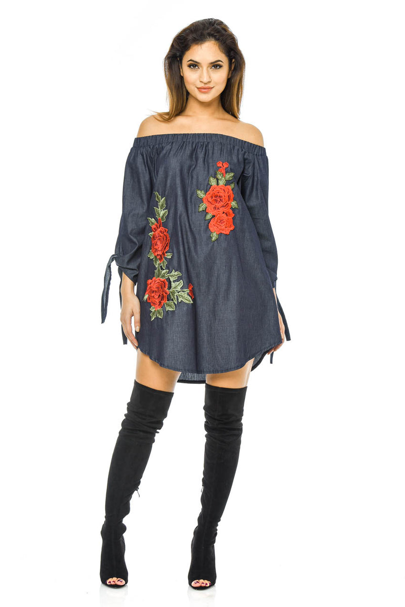 Off The Shoulder Denim Embroidered Dress