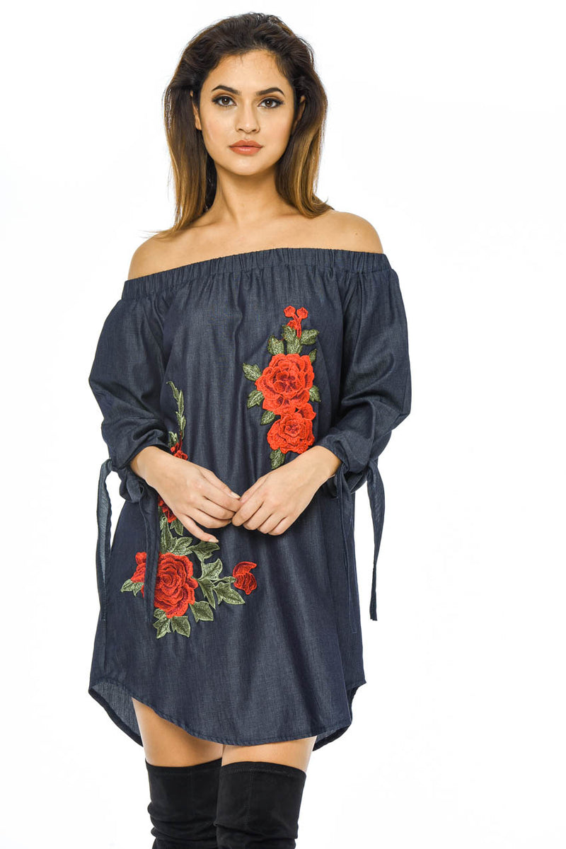 Off The Shoulder Denim Embroidered Dress