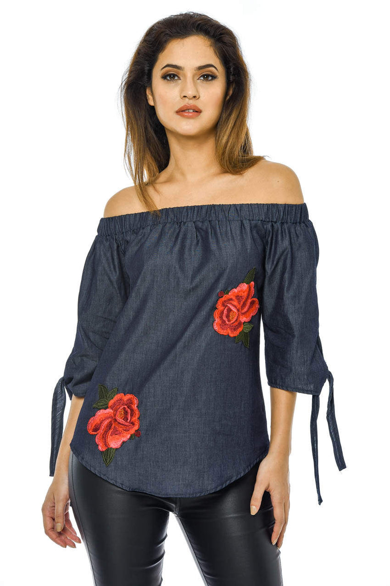 Off The Shoulder Denim Embroidered Top