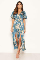 Duck Egg Floral Split Maxi Dress