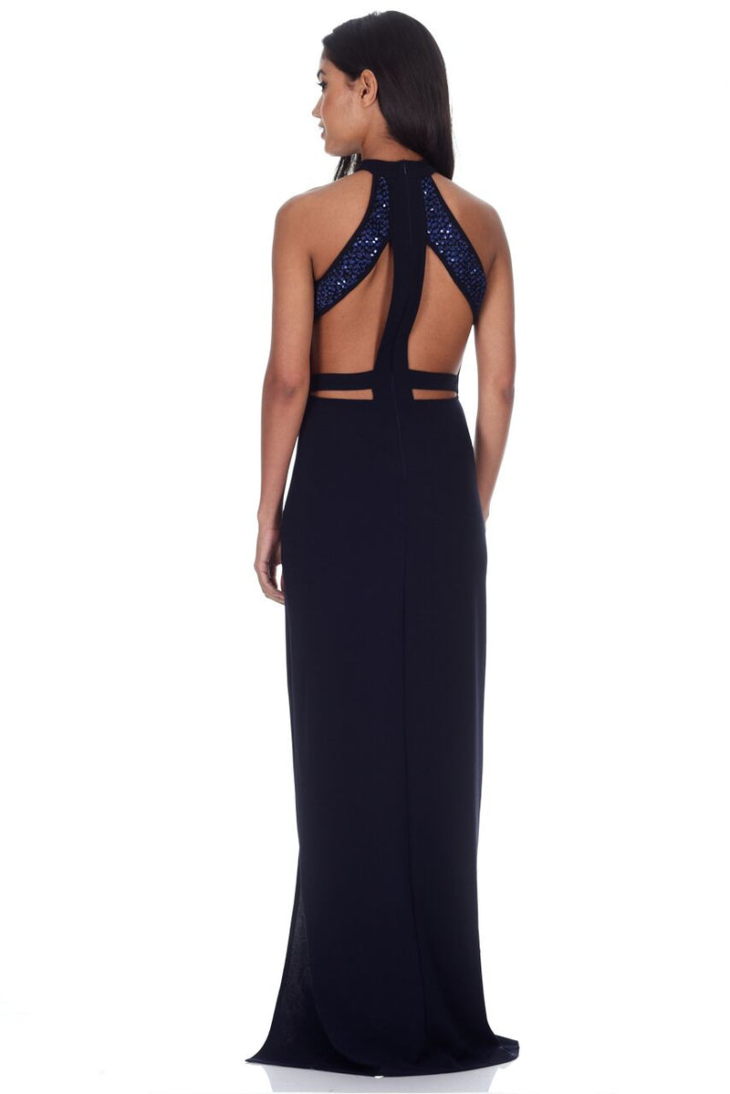 Navy Sequin Panel Detailing Maxi Dress With Thigh Split
