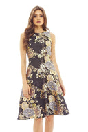 Black Floral Skater Dress with Metallic Detail