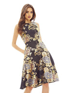 Black Floral Skater Dress with Metallic Detail