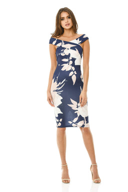 Navy Bardot Floral Bodycon Dress