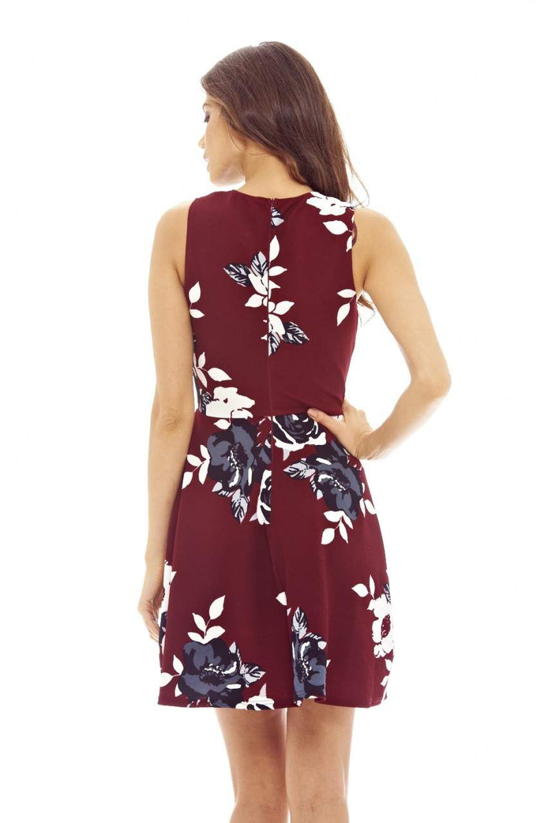 Burgundy Mini Skater Floral Dress with Sleeveless Detail