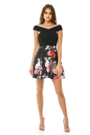 Black Printed Floral 2 in 1 Off Shoulder  Midi Skater Dress