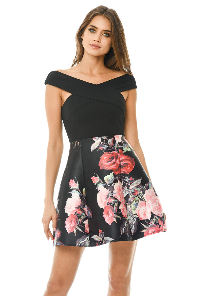 Black Printed Floral 2 in 1 Off Shoulder Midi Skater Dress AX Paris Black Printed Floral 2 in 1 Off Shoulder Midi Skater Dress AX Paris
