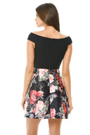 Black Printed Floral 2 in 1 Off Shoulder  Midi Skater Dress