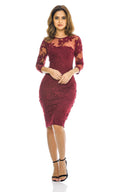 Wine Midi Floral Dress with Lace Detail