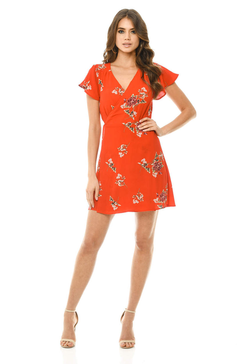 Red Floral Wrap Dress