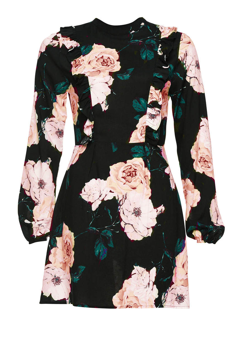 High Neck Black Floral Mini Dress