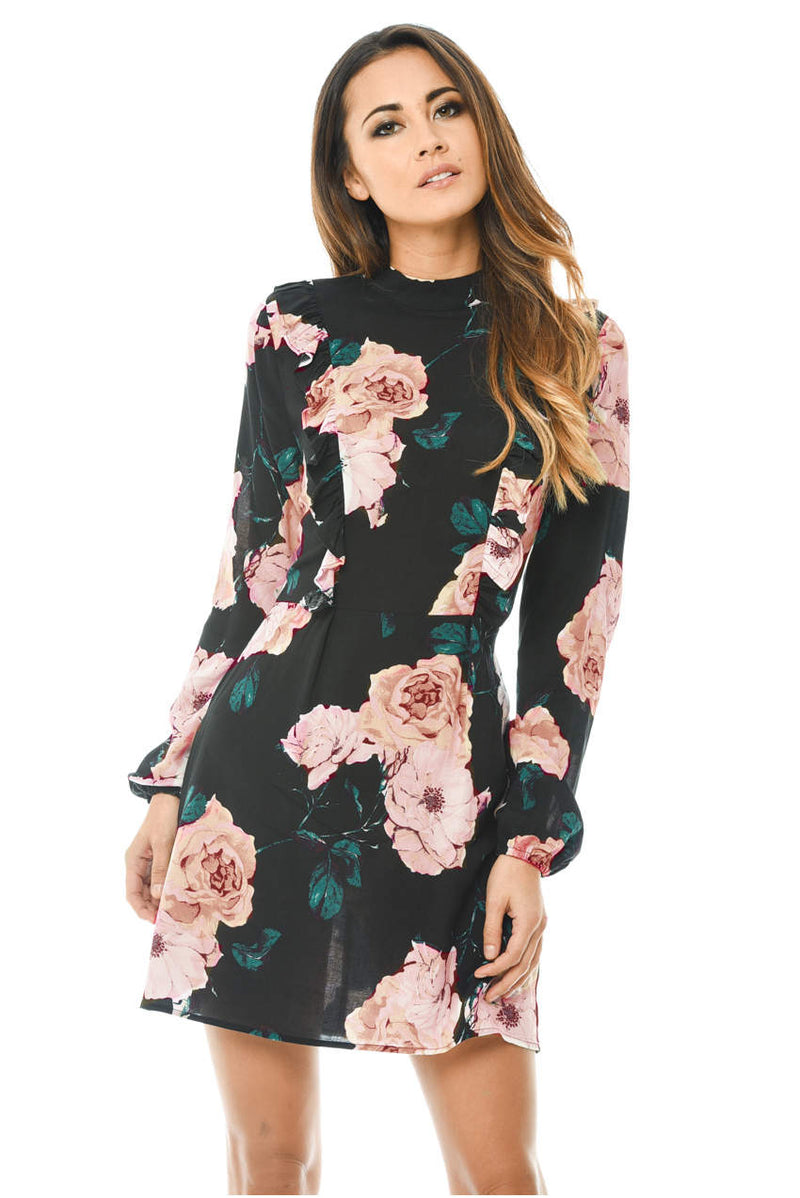 High Neck Black Floral Mini Dress