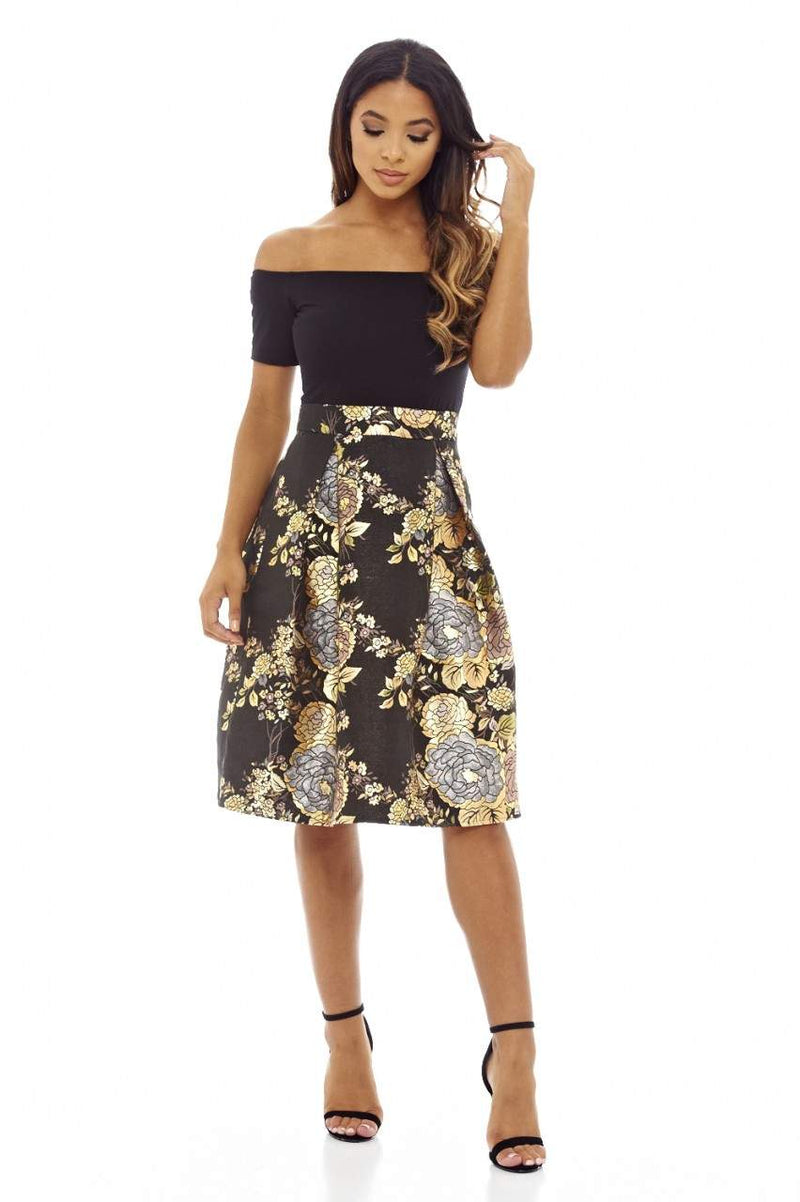 Black Bardot Midi Skater Dress