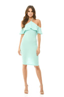 Green Tie Neck Frill Midi Dress