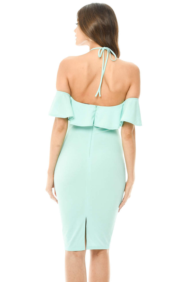 Green Tie Neck Frill Midi Dress