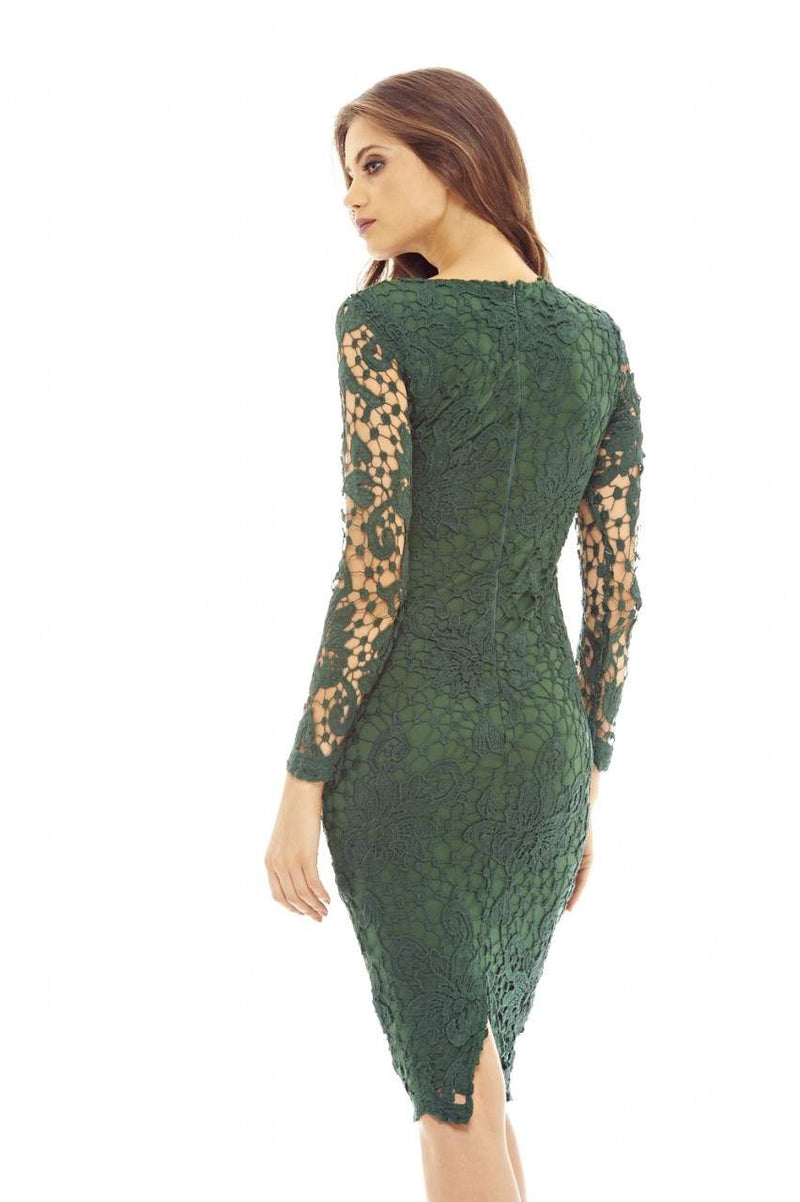 Green Crochet Dress with Long Sleeves Detail