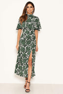 Green Floral Printed High Neck Maxi Dress