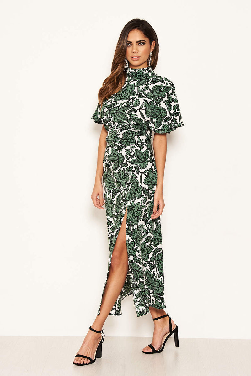 Green Floral Printed High Neck Maxi Dress