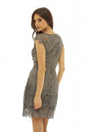 Grey Capped  Sleeve  Crocheted  Lace Dress