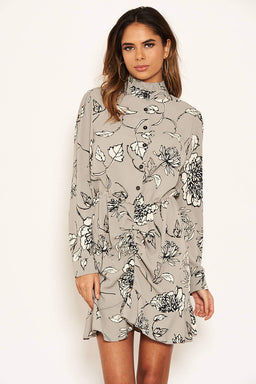 Grey Floral Ruched Shirt Dress