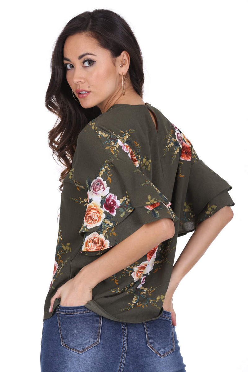 Khaki Printed Flared Sleeve Top