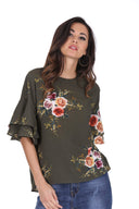 Khaki Printed Flared Sleeve Top