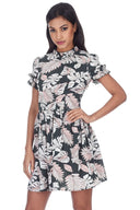 Khaki Leaf Style Print With Frill Detail Mini Dress