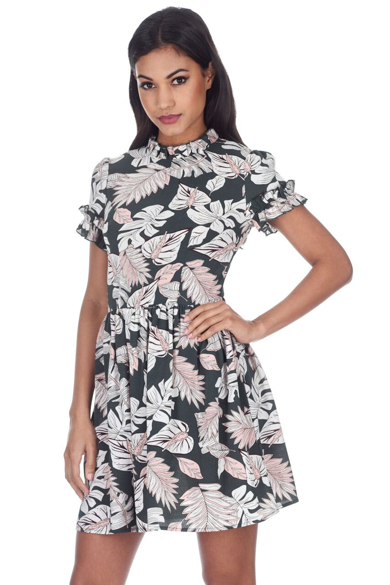 Khaki Leaf Style Print With Frill Detail Mini Dress AX Paris