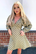 Khaki Polka Dot V Neck Dress