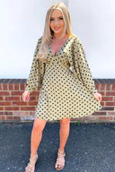 Khaki Polka Dot V Neck Dress