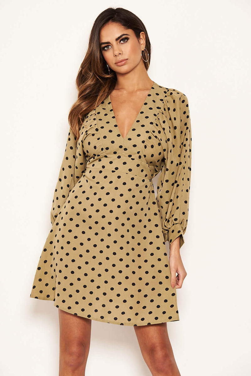 Khaki Polka Dot V Neck Dress