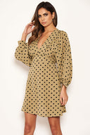 Khaki Polka Dot V Neck Dress