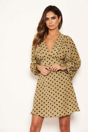 Khaki Polka Dot V Neck Dress