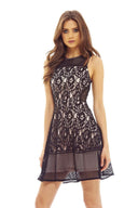 Black/Nude Skater Dress with Mesh and Lace Detail