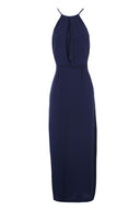 Navy Halterneck Strappy Lace Detail Maxi Dress