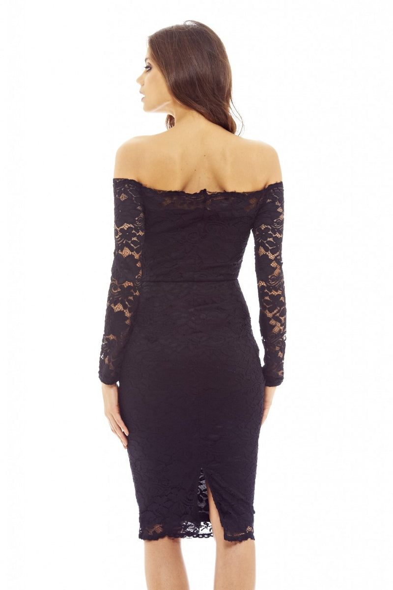 Black Midi Dress with Lace and Off -the-Shoulder Style