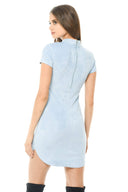 Blue Faux Suede Mini Dress With High Neck