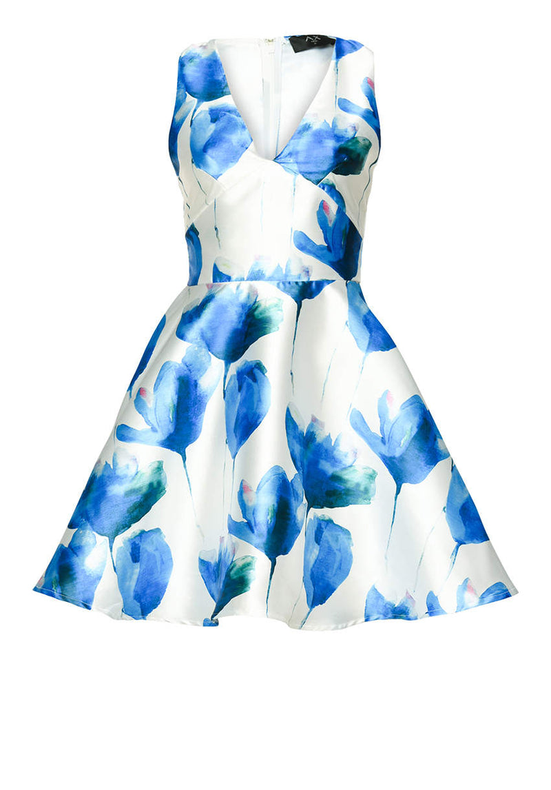 Cream Mini Skater Dress with Blue Floral Print AX Paris Cream Mini Skater Dress with Blue Floral Print AX Paris