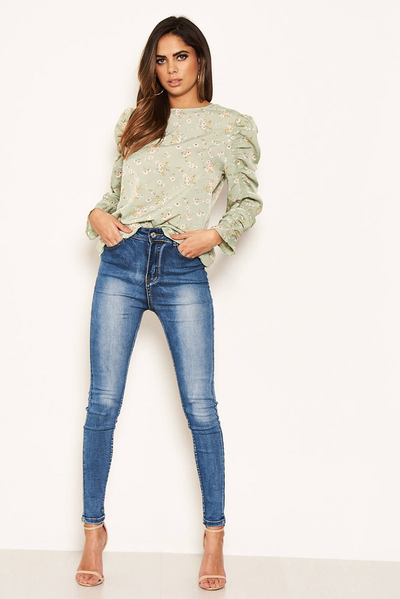 Mint Floral Puffed Ruched Long Sleeve Top