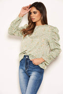Mint Floral Puffed Ruched Long Sleeve Top