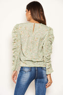 Mint Floral Puffed Ruched Long Sleeve Top