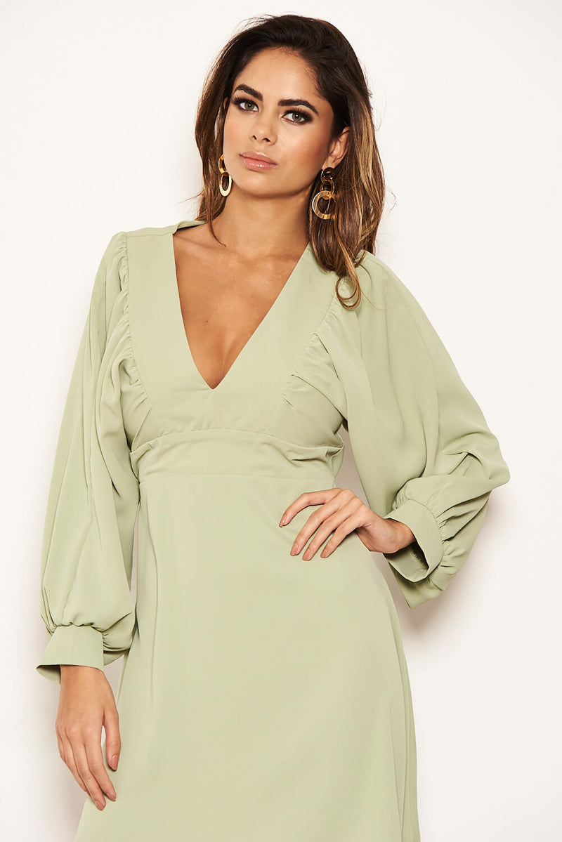 Mint Pleated V Neck Mini Dress